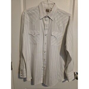 Ely Cattleman Mens L Western Pearl Snap Shirt Blue White Striped Vintage Yoke